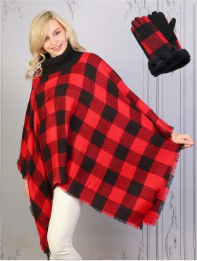 Loose Turtle Neck Plaid Poncho W/ Soft Frayed Ends and Glove Set (CP1276 + GL11072RD)